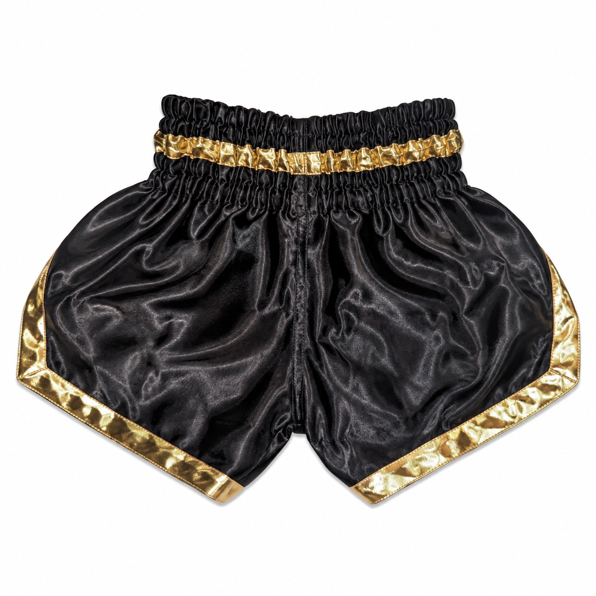 Black satin boxing shorts with shiny gold trim along the sides and waistband, shown flat against a white background.