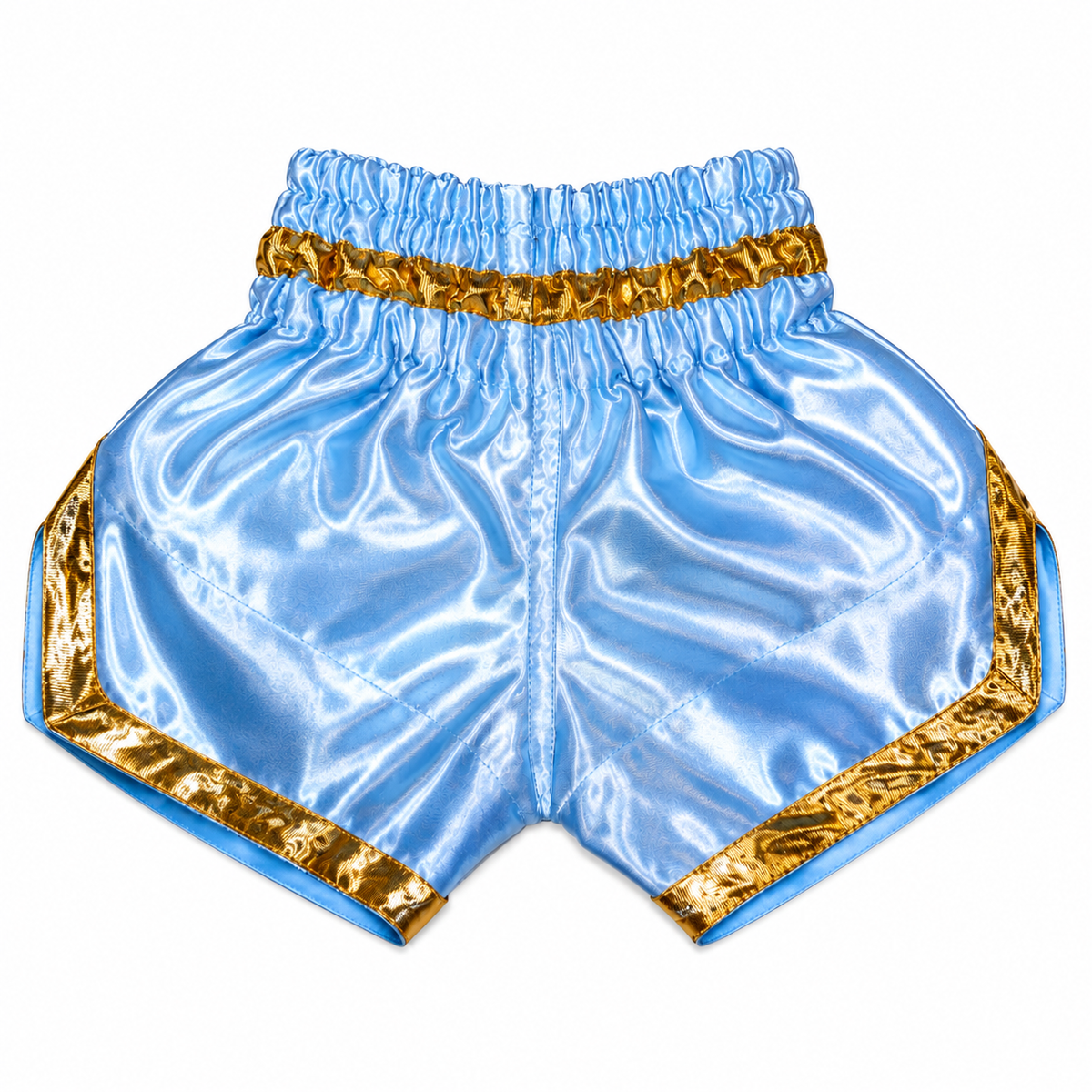 Light blue satin boxing shorts with gold patterned trim, shown flat against a white background.