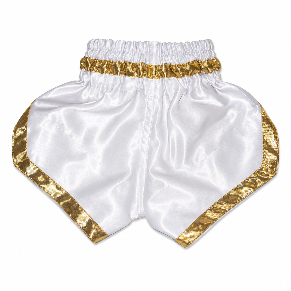 White satin martial arts shorts with shiny gold trim and an elastic waistband, shown flat against a white background.